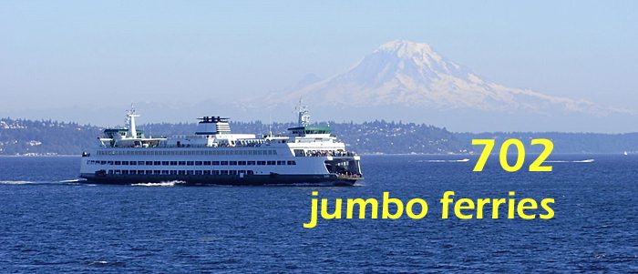 WAshington State jumbo ferry with Mt Rainier in background