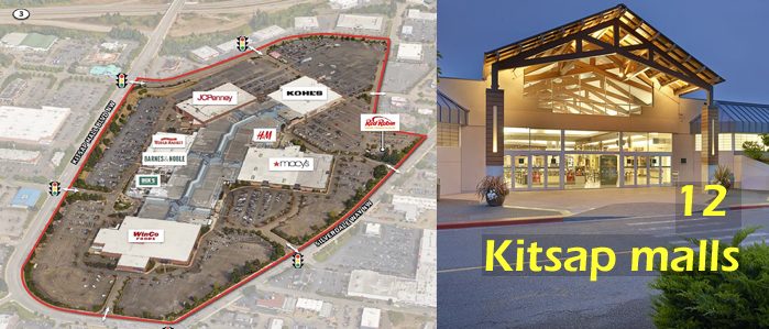 An aerial map of Kitsap mall and the front entrance of the mall